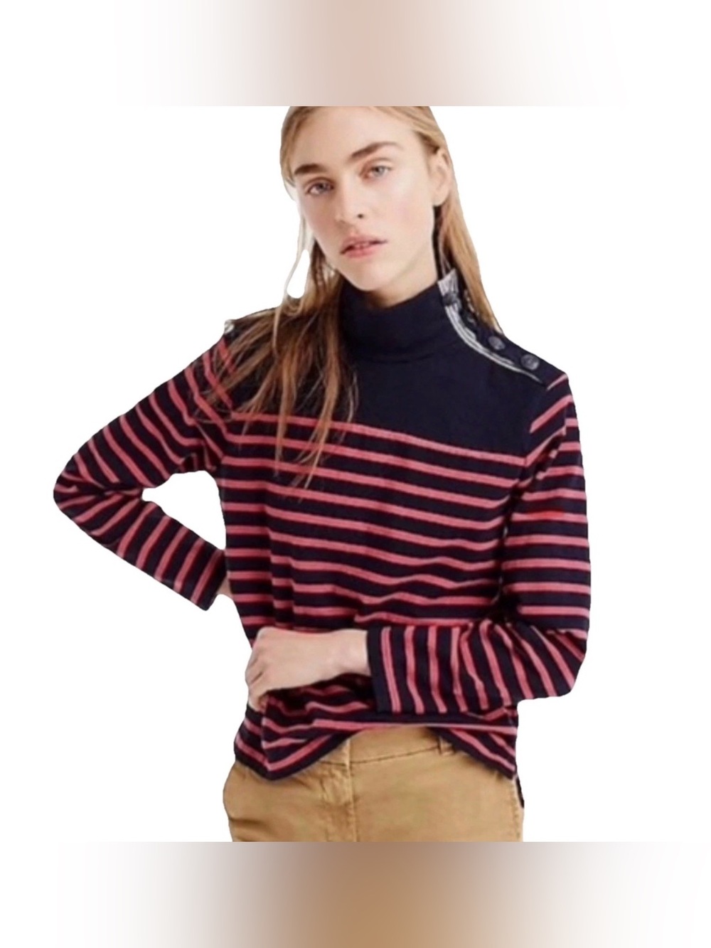 J Crew Heavyweight Button Shoulder Turtleneck Sweater XL  Blue Red Striped